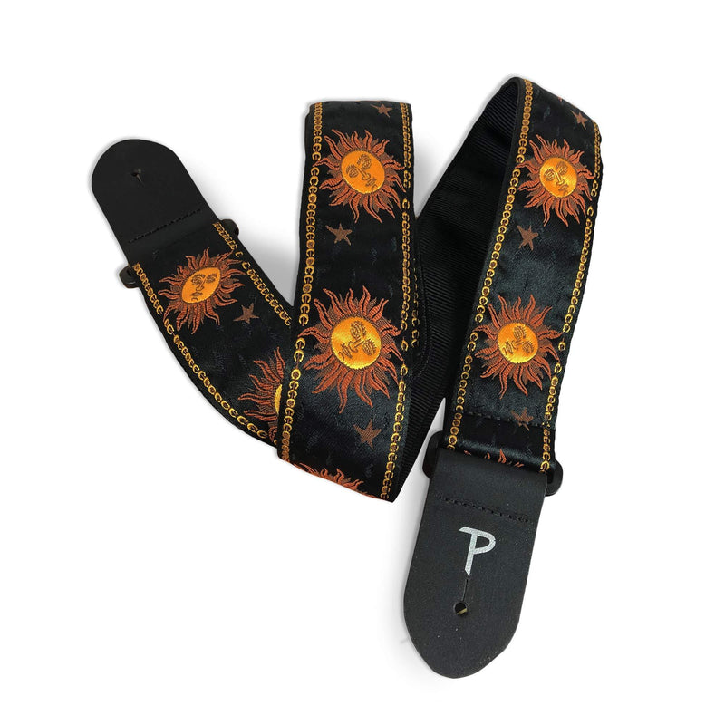 Perri’s Leathers Ltd - Jacquard Guitar Strap, Perris Guitar Strap, Elite Strap with Genuine Leather Ends, Adjustable Length 39 in. to 58 in, 2 in. Wide, Yellow Suns on Black