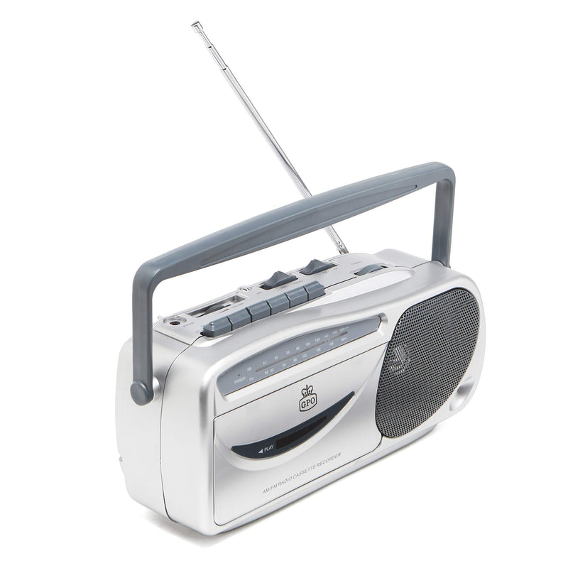 GPO 9401 Retro Portable AM/FM Radio and Cassette Player, Tape Recorder with Built-In Microphone, Headphone Jack, Push Button Record, Rotary Tuning, Silver