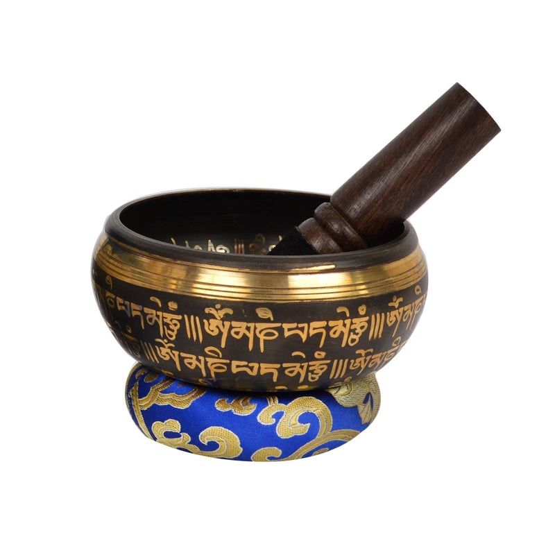 Tibetan Singing Bowl with Gold and Black Art Décor. Buddha Crafted Inside. For Meditation and Mindfulness (BLK(5BUD)-2) (B2)