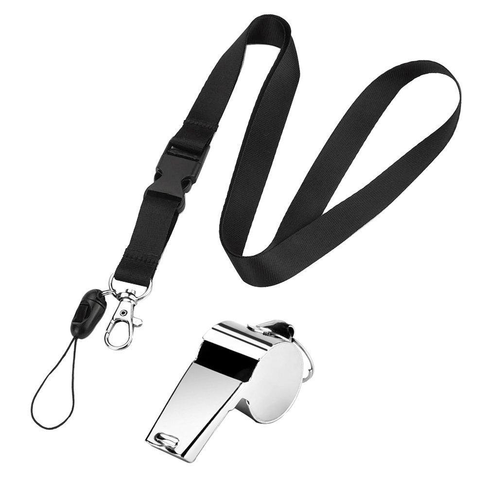 Stainless Steel Sport Whistle with Black Detachable Buckle Lanyard