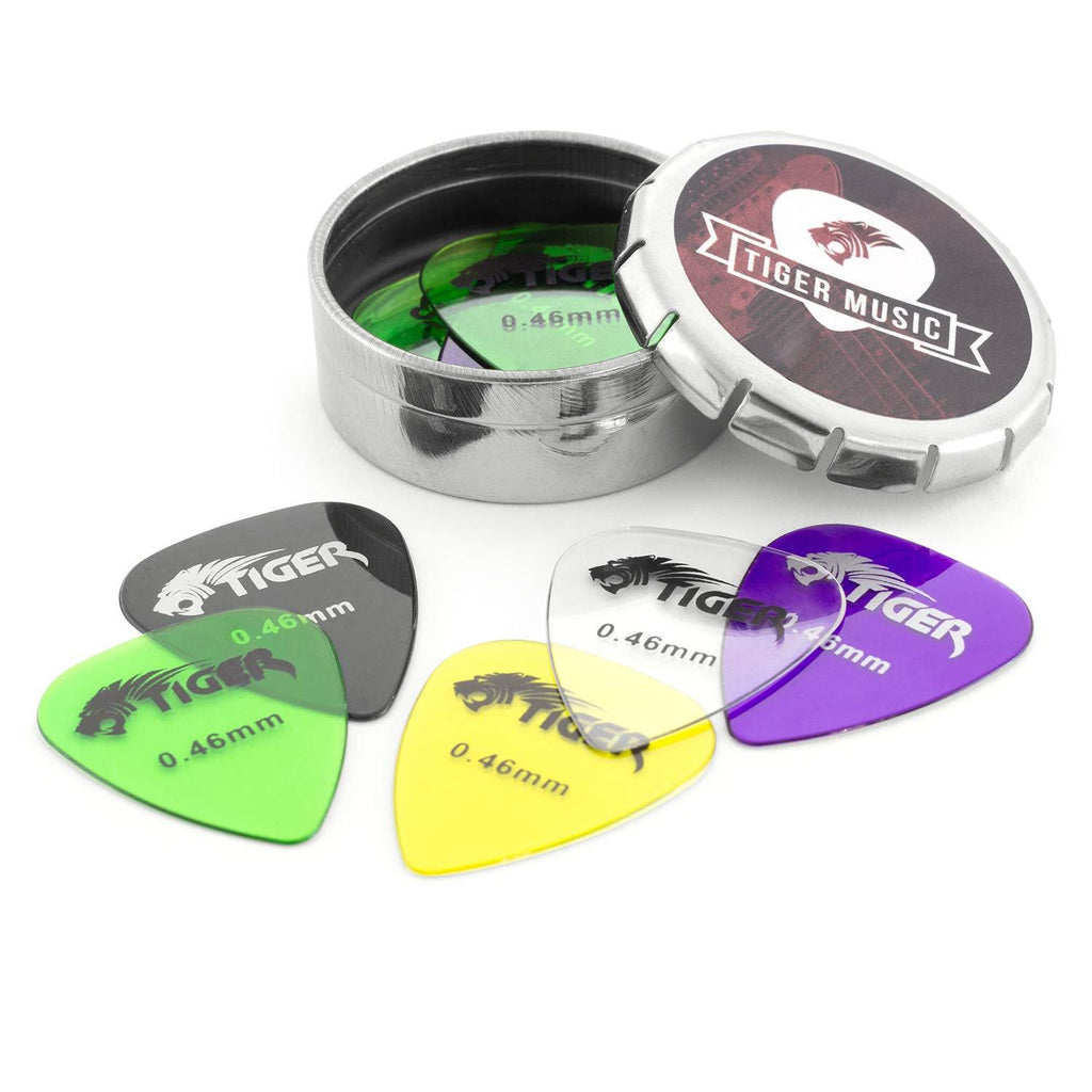 Tiger Guitar Plectrums with Pick Tin - 12 Gel 0.46mm