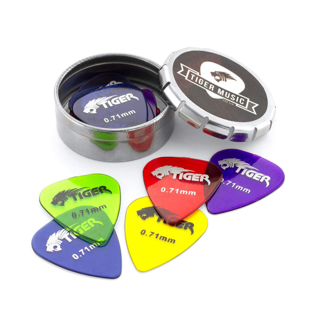 Tiger Guitar Plectrums with Pick Tin - 12 Gel 0.71mm