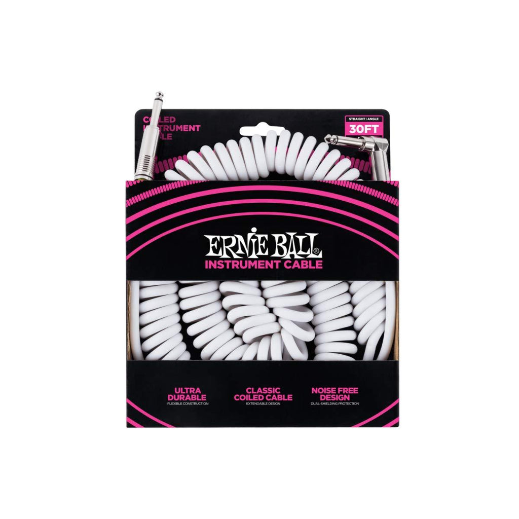 Ernie Ball P06045 30' Coiled Straight / Angle Instrument Cable - White 30 ft