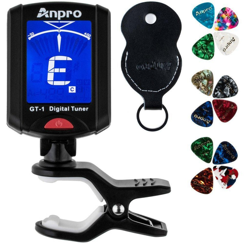 Anpro Guitar Tuner, Clip on GT-1 Digital Tuner, 12 Pack Guitar Picks Include 0.46mm 0.71mm 0.96mm and 1 Leather Key Chain Pick Holder for Guitar Ukulele Chromatic Violin