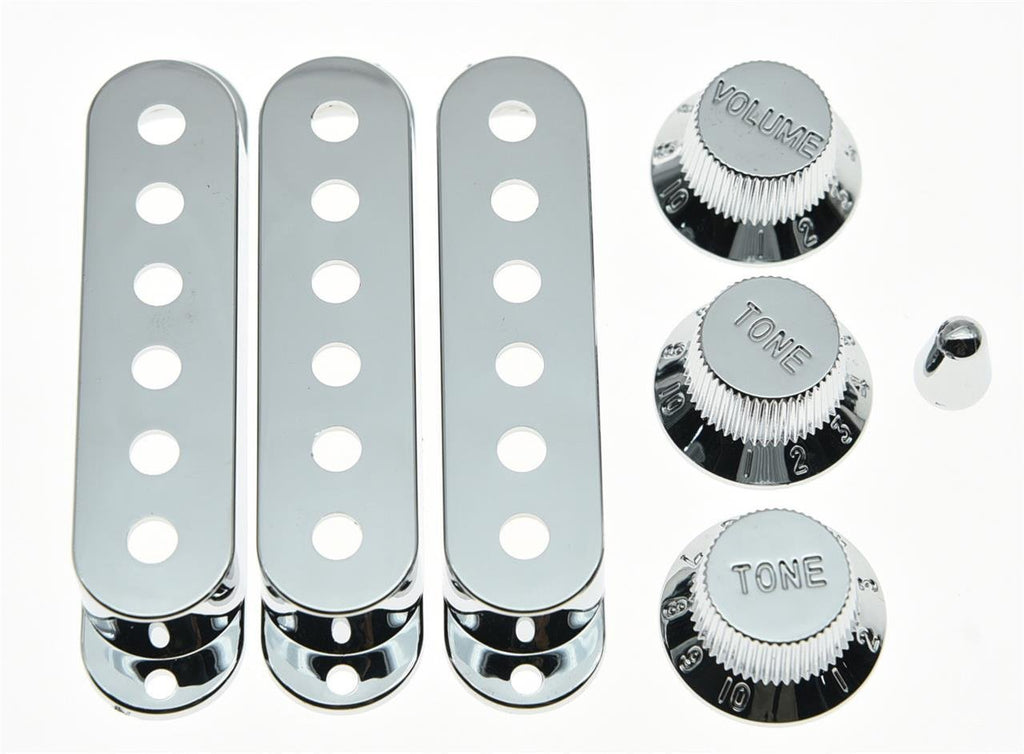 KAISH Chrome Plastic ST Strat Pickup Covers Knobs and 5 Way Switch Tip for Fender