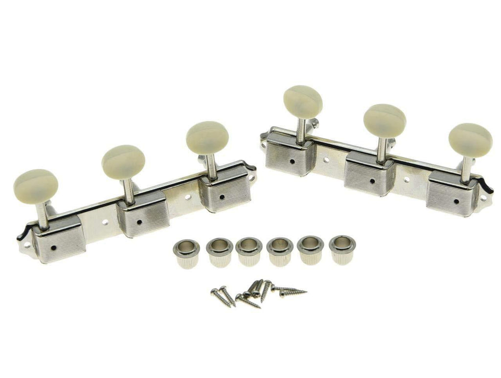 KAISH Nickel w/Aged White 3 per side 3x3 on a Plate Vintage Guitar Tuning Keys Tuners 3L3R Nickel with Ivory Button