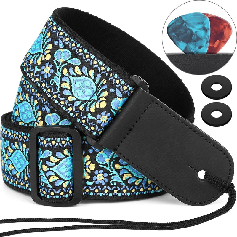 Guitar Strap, Anwenk Electric Guitar Strap Acoustic Strap Bass Strap 2"Jacquard Weave Hootenanny Style with Tie Pick Pocket Strap Locks 2 Picks,Genuine Leather Ends,Top Grade Material Blue