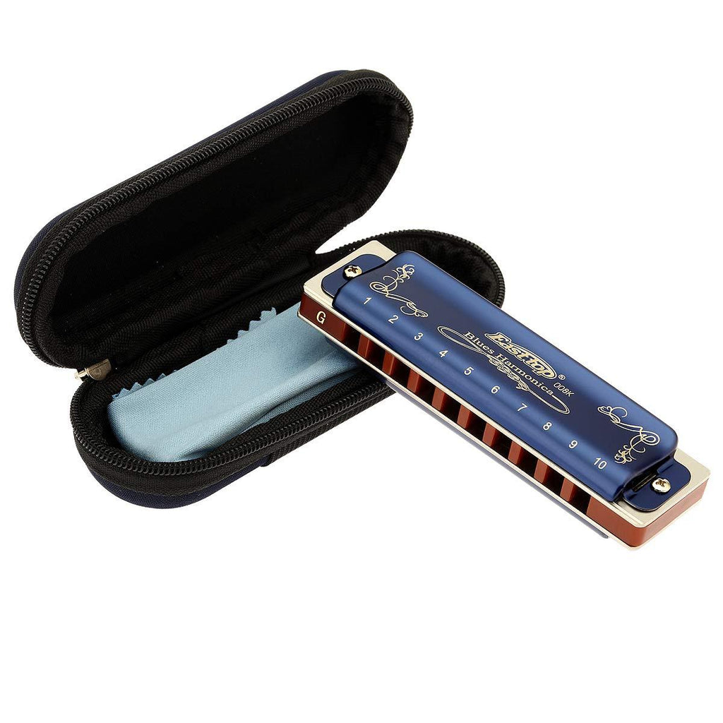 East top Diatonic Harmonica Key of G, Blues Harp Mouth Organ with Blue Case 10 Holes 20 Tones 008K, Standard Harmonicas For Adults, Professionals and Students