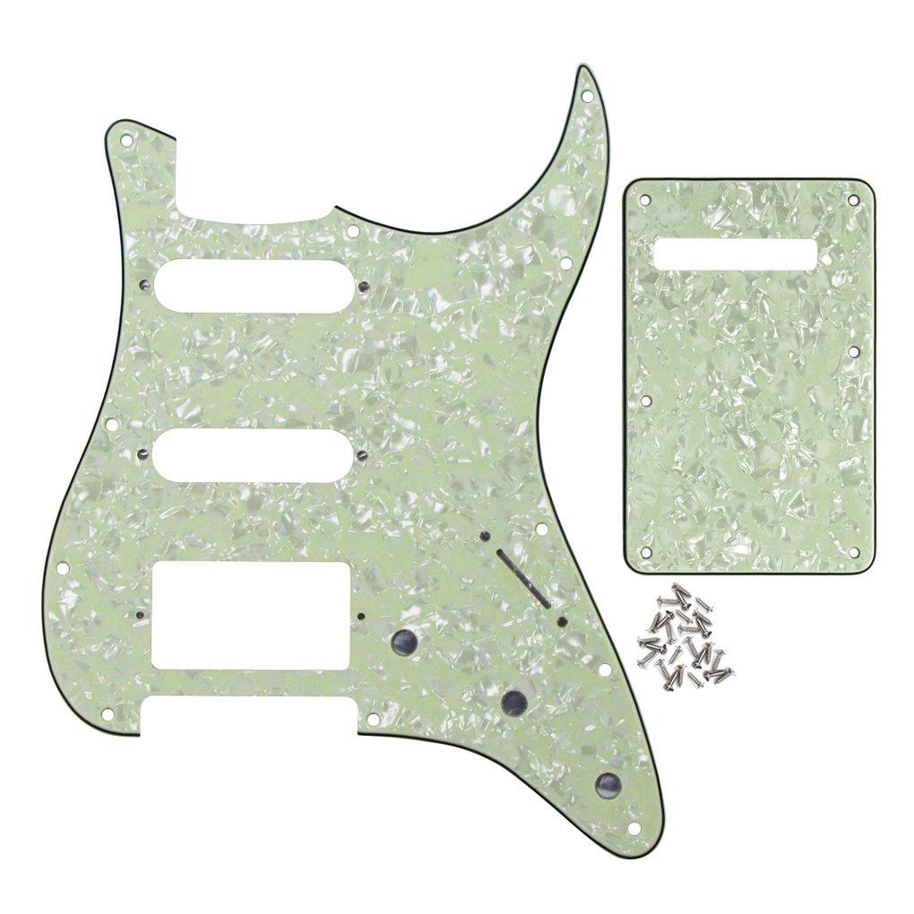 IKN 11 Hole Guitar Strat Pickguard SSH and Tremolo Cavity Backplate with Mounting Screws for U.S./Mexican Fender Standard Stratocaster, 4Ply Mint Green Pearl