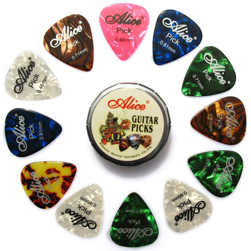 Alice 12pcs Celluloid Guitar Picks Mixed Thickness 0.46mm / 0.71mm / 0.81mm for Acoustic Electric Guitar, Colorful Plectrums in 1 Mini Round Metal Tin 12-Stück