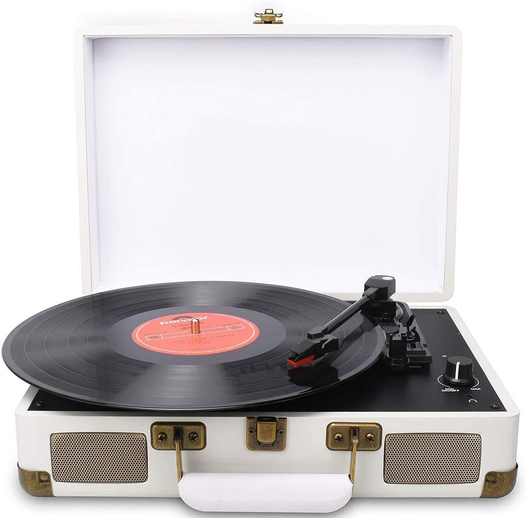 DIGITNOW! Vinyl Record Player 3 Speeds with Built-in Stereo Speakers, Supports USB / RCA Output / Headphone Jack / MP3 / Mobile Phones Music Playback,Suitcase Design WHITE