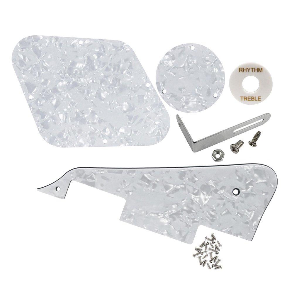 IKN Set of LP Pickguard/Control Cavity Cover/Selector Switch Backplate/Toggle Switch Ring/Chrome Bracket/Mounting Screws for Epiphone Les Paul Standard Guitar, 4Ply White Pearl