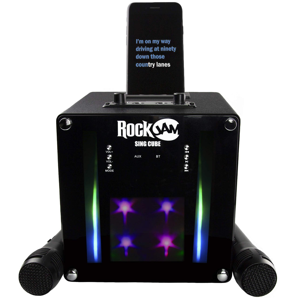 RockJam RJSC01-BK Singcube 5-Watt Rechargeable Bluetooth Karaoke Machine with Two Microphones, Voice Changing Effects & LED Lights, Black
