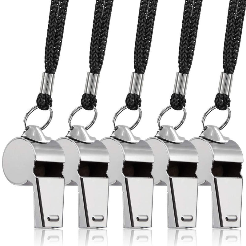 FineGood 5 Packs Stainless Steel Whistle, Loud Metal Whistle with Lanyard for Referees Coaches Lifeguards Survival Emergency Football Basketball Soccer Hockey Silver