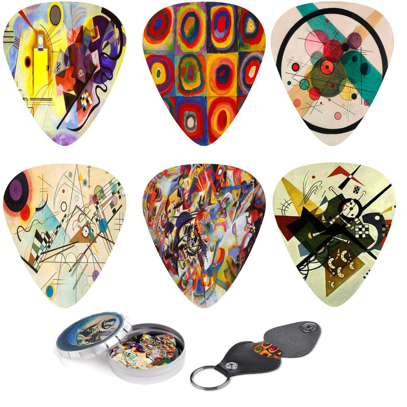 Abstract Art Cool Guitar Picks - Wassily Kandinsky Paintings. 12 Medium Gauge Celluloid Guitar Picks In a Box W/Picks Holder. Unique Guitar Gift For Bass, Electric & Acoustic Guitars