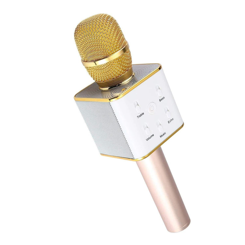 JTD Q7 Wireless Karaoke Bluetooth Microphone Stereo Speaker Handheld Portable KTV Player Teaching Class Speaker for iOS Android Smart-Phones PC Bluetooth Device (Gold) Gold