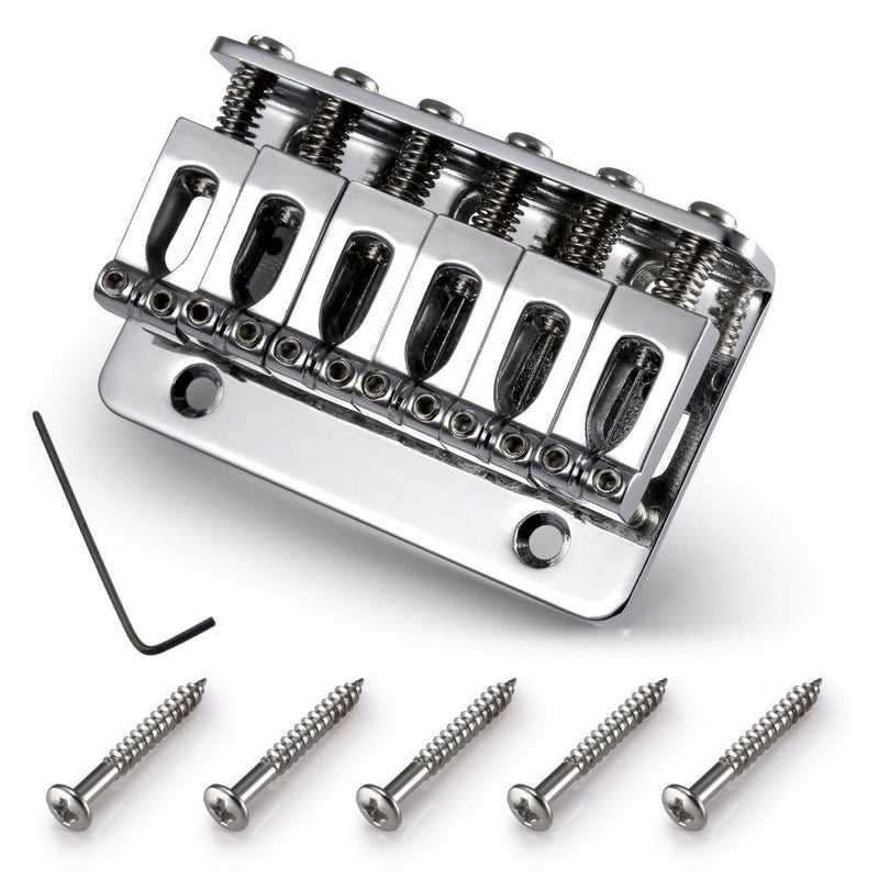 65MM Metal Electric Guitar Bridge Tailpiece Top Load, 6 String Fixed Hardtail Saddle with 5Pcs Screws, Chrome