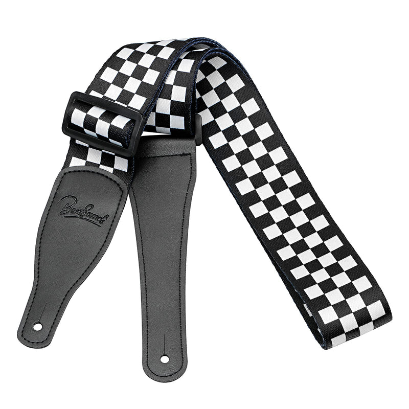 BestSounds Checkerboard Guitar Strap & Leather Ends Guitar Shoulder Strap ,Suitable For Bass, Electric & Acoustic Guitars (Black and White Checkered)
