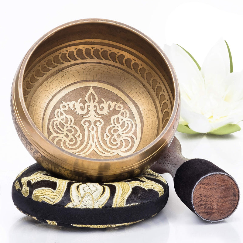 Tibetan Singing Bowl Set — Easy to Play with New Dual-End Striker & Cushion ~ Creates Beautiful Sound for Holistic Healing, Meditation & Relaxation ~ Bronze Design