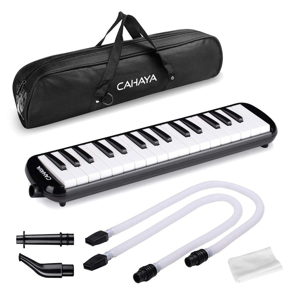 CAHAYA Melodica Instrument 32 Key FDA Approved Piano Style Portable with Double Plastic Flexible Long Pipe, Short Mouthpieces and Carrying Bag Black