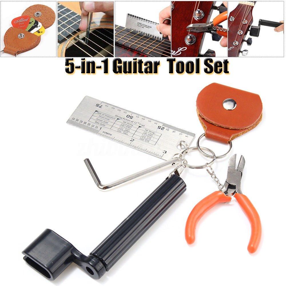 5 in 1 Guitar Accessories Hexagonal Wrench, String Height Tester, String Pliers, Chuck, Guitar Pad Pocket