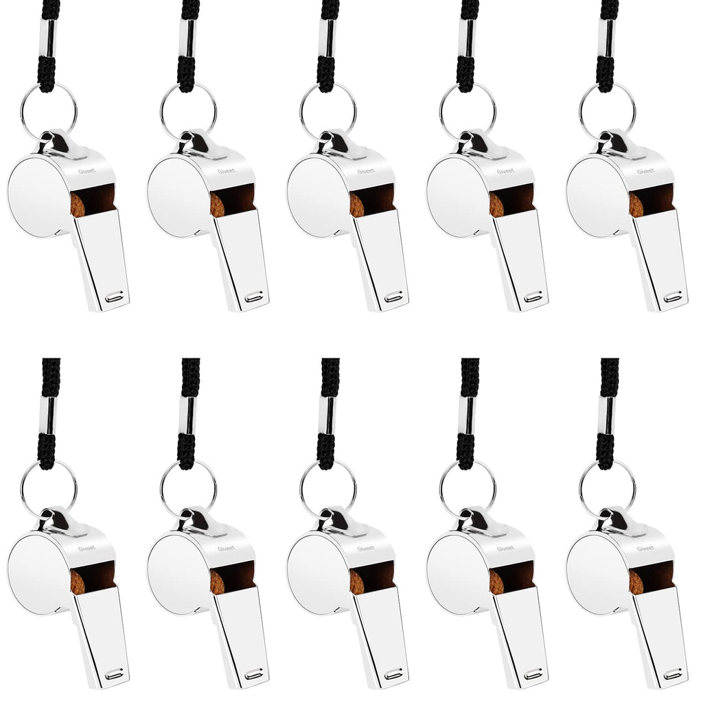 Giveet Metal Whistles with Lanyard, Stainless Steel and Durable, Extra loud Referee Coach Whistles for Football, Basketball, Soccer, School, Lifeguard Emergency and More 10PCS-Silver