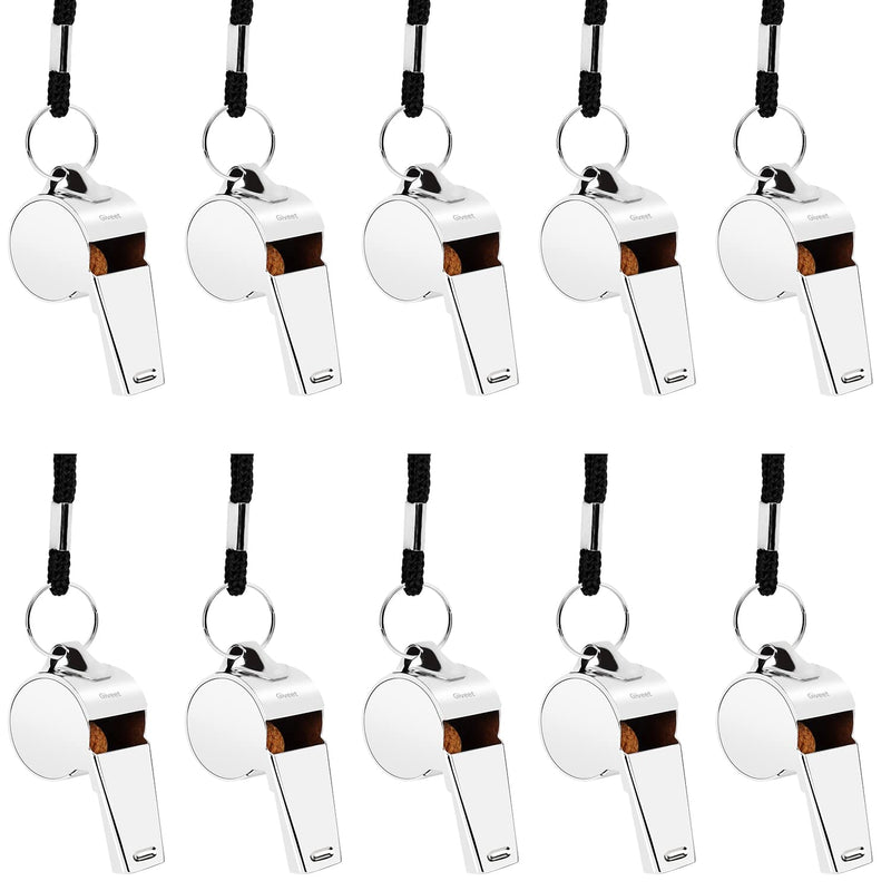 Giveet Metal Whistles with Lanyard, Stainless Steel and Durable, Extra loud Referee Coach Whistles for Football, Basketball, Soccer, School, Lifeguard Emergency and More 10PCS-Silver