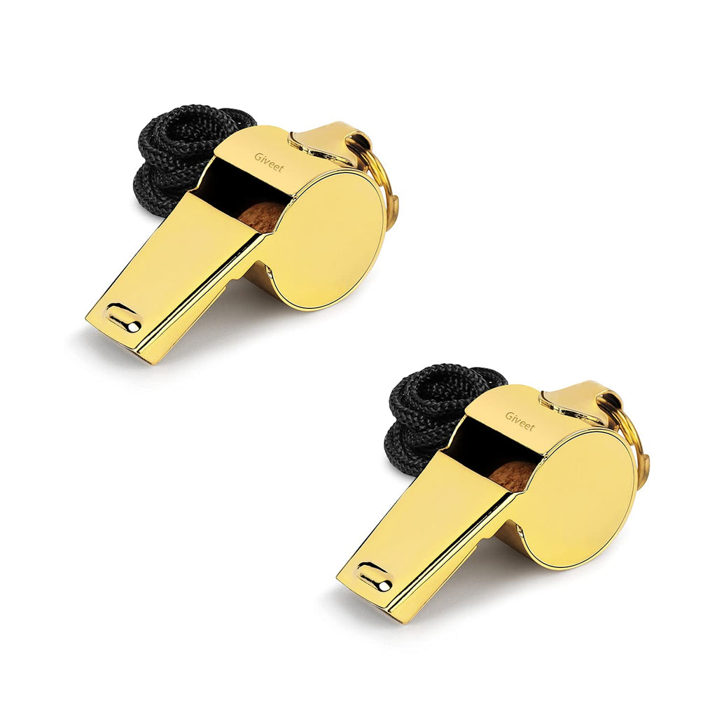 Giveet Metal Whistle with Lanyard, Stainless Steel and Durable, Extra loud Referee Coach Whistles for Football, Basketball, Soccer, School, Lifeguard Emergency 2PCS-Gold
