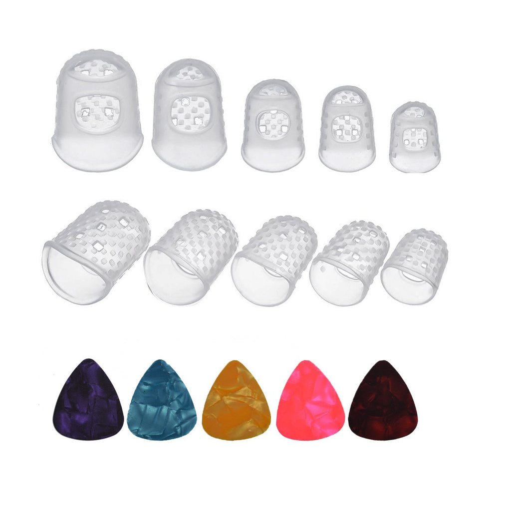 15 Pcs Guitar Finger Protectors,Clear Silicone Finger Guards for Ukulele,Guitar（L/M/S/XS/XXS Size）with 5 Assorted Guitar Picks（0.46mm）