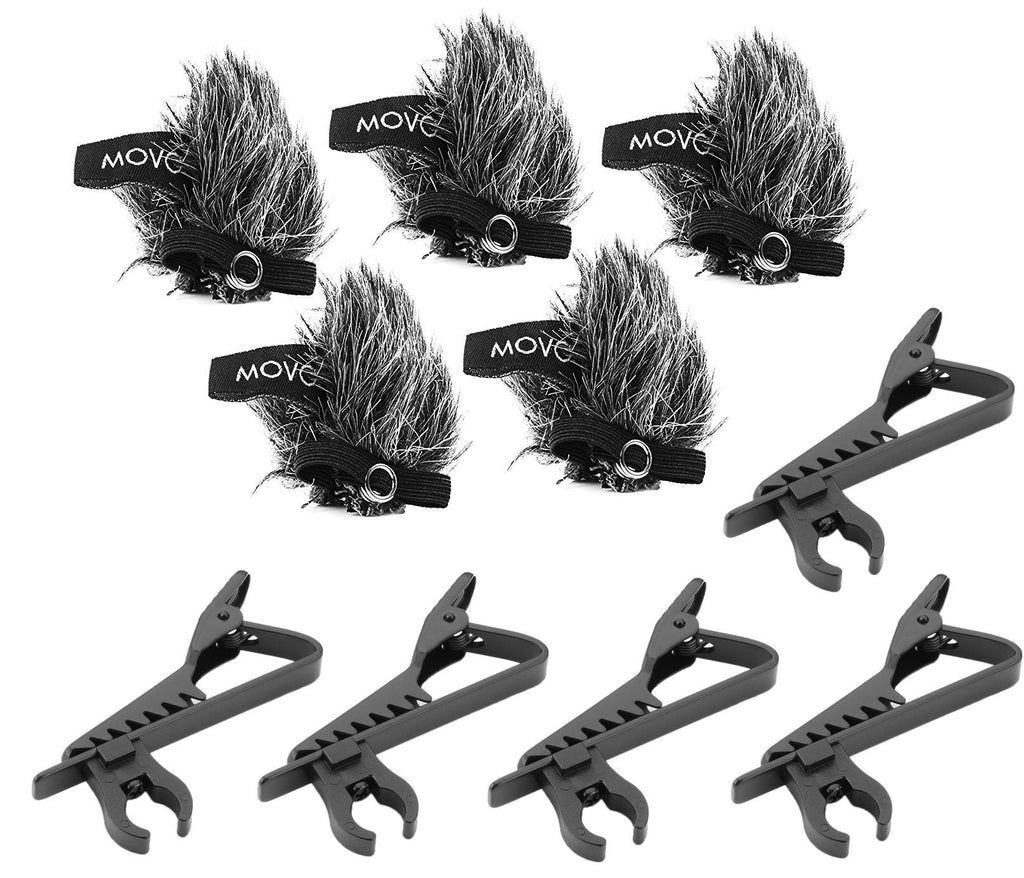 Movo MCW6 5-PACK of Lavalier Microphone Windscreen Muffs and Metal Crocodile Lapel Clips for 8.3mm Mic Capsules - Fits Movo LV-6, LV-6C & LV-6O