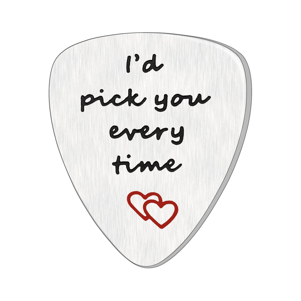 Valentine Best Friend Guitar Pick Graduation Gifts Heart Pendant I'd Pick You Every Time Stainless Steel (Silver)