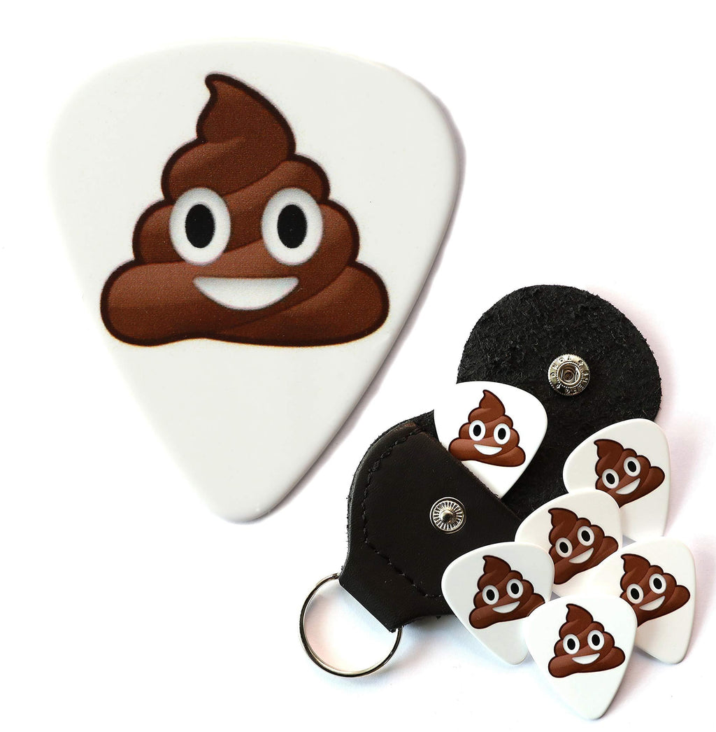 6 Poop Emoticon Guitar Picks With Leather Plectrum Holder Keyring