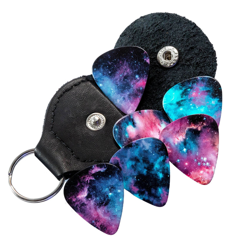 Galaxy Guitar Picks With Leather Plectrum Holder Keyring 6 Double Sided Picks