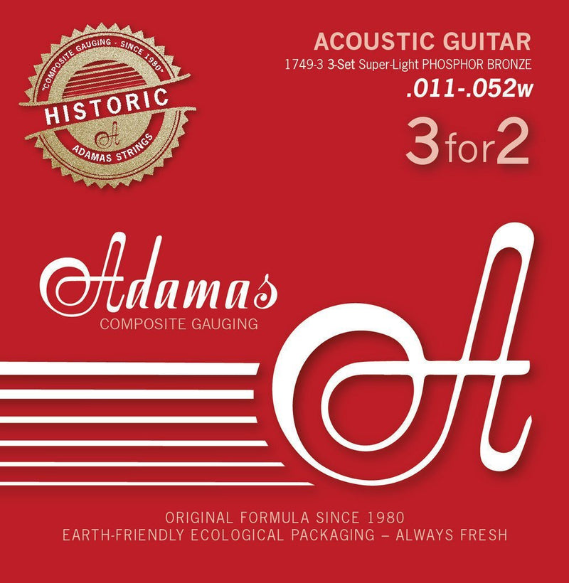 Adamas Strings for Acoustic Guitar Phosphor Bronze Historic Reissue Set of 3 Ex-Light .010 1717-3 3er Extra Light