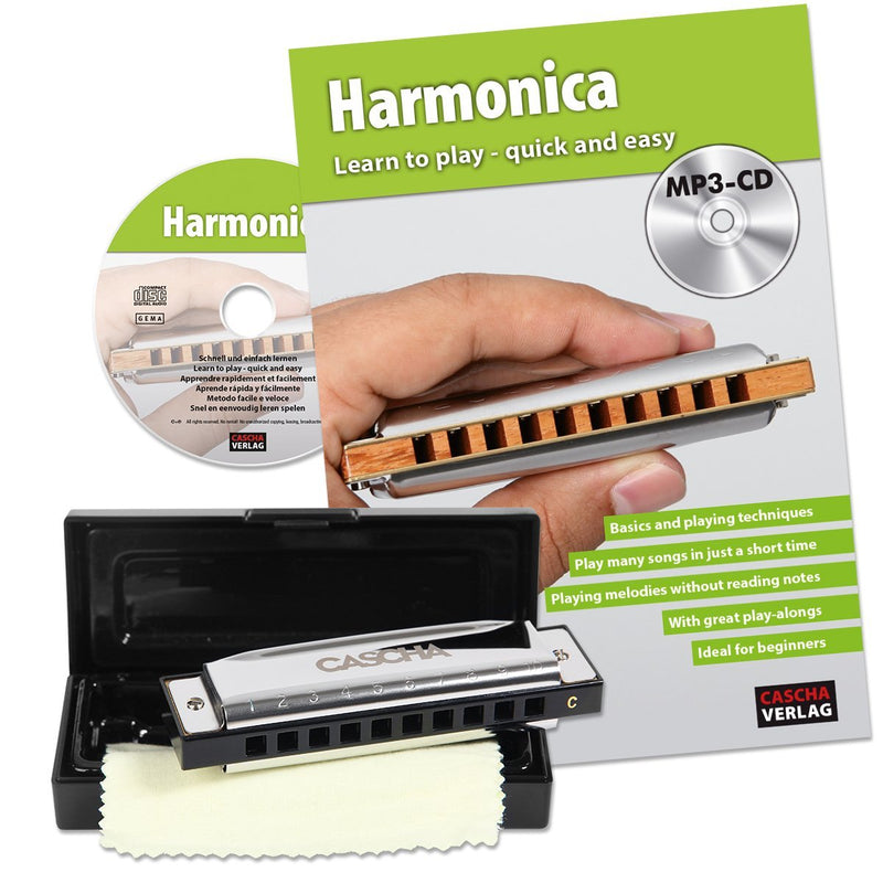 Cascha harmonica learner's set for beginners - English textbook - 10-hole diatonic harmonica in C-tuning - incl. MP3-CD learning book hard-case cleaning cloth - blues harp school English Key of C
