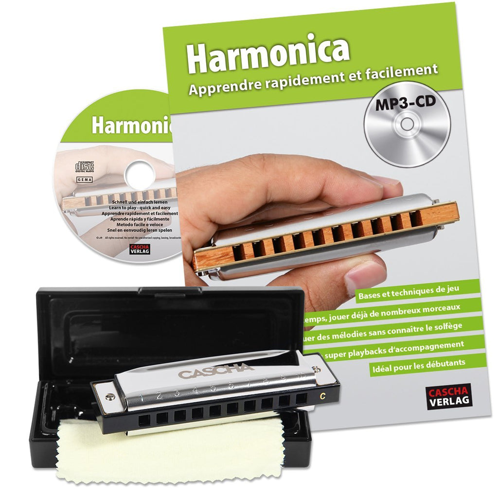 Cascha harmonica learner's set for beginners - French textbook - 10-hole diatonic harmonica in C-tuning - incl. MP3-CD learning book hard-case cleaning cloth - blues harp school French Harmonica avec livre Set with French Book Single