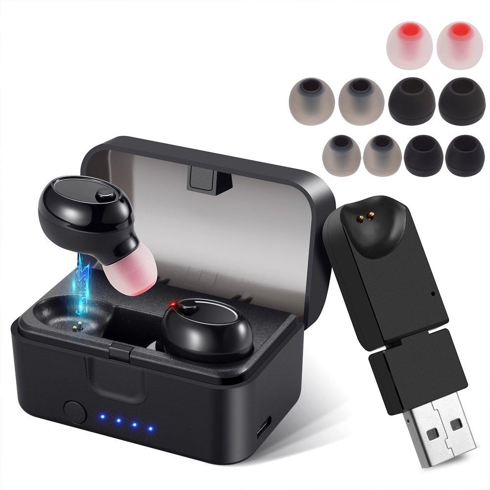 PChero Mini Bluetooth Earbuds, Truly Wireless Invisible Headphone with Built-in Mic and Charging Box, Ideal for iOS Android Smartphones Tablets (Black, Double Ears)
