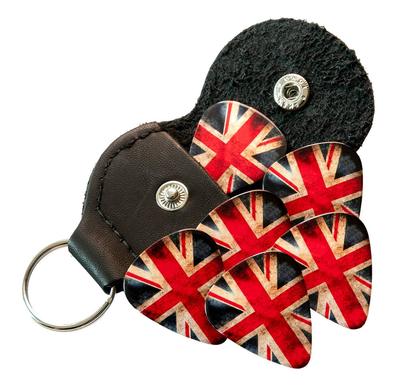 Worn Union Jack 6 Guitar Picks Double Sided With Leather Plectrum Holder Keyring