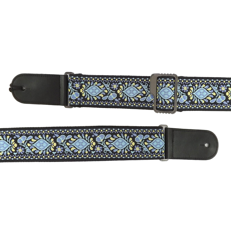 Classical/Acoustic/Bass/Electric Guitar Strap Patterned Design - Leather & Cotton (Blue Flower Pattern) Blue Flower Pattern