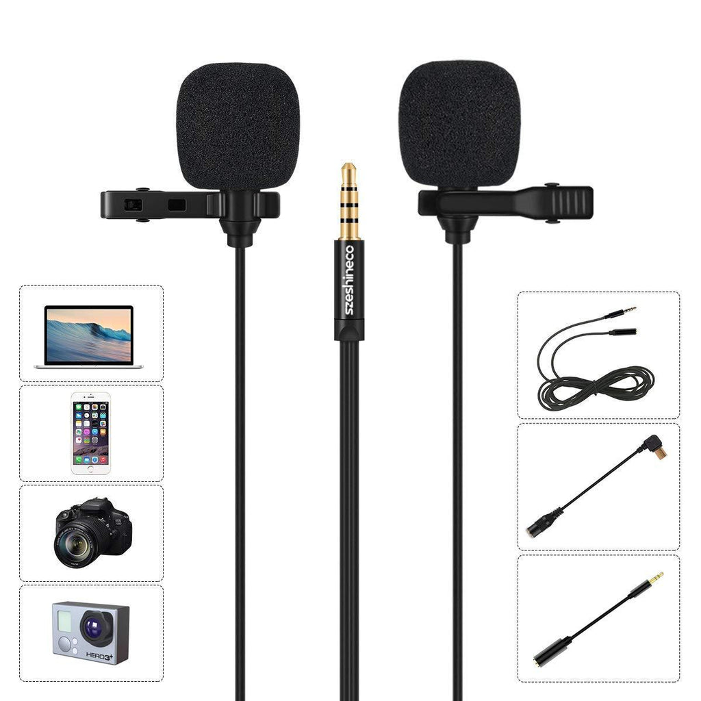 Lavalier Microphone, Szeshineco Lavalier Microphone 3.5mm Omnidirectional Condenser Clip-on Mic Set for Smartphone, Laptop, PC, Camera and more Dual Head