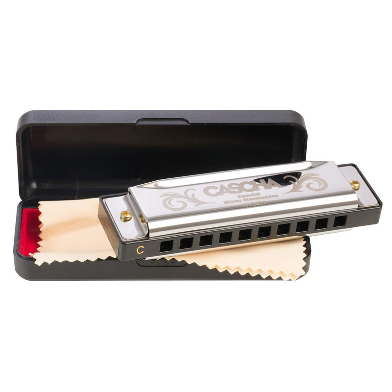 CASCHA Harmonica in C-major including case and care cloth, special blues country mouth harmonica, for beginners and children, silver, HH2057 C Major