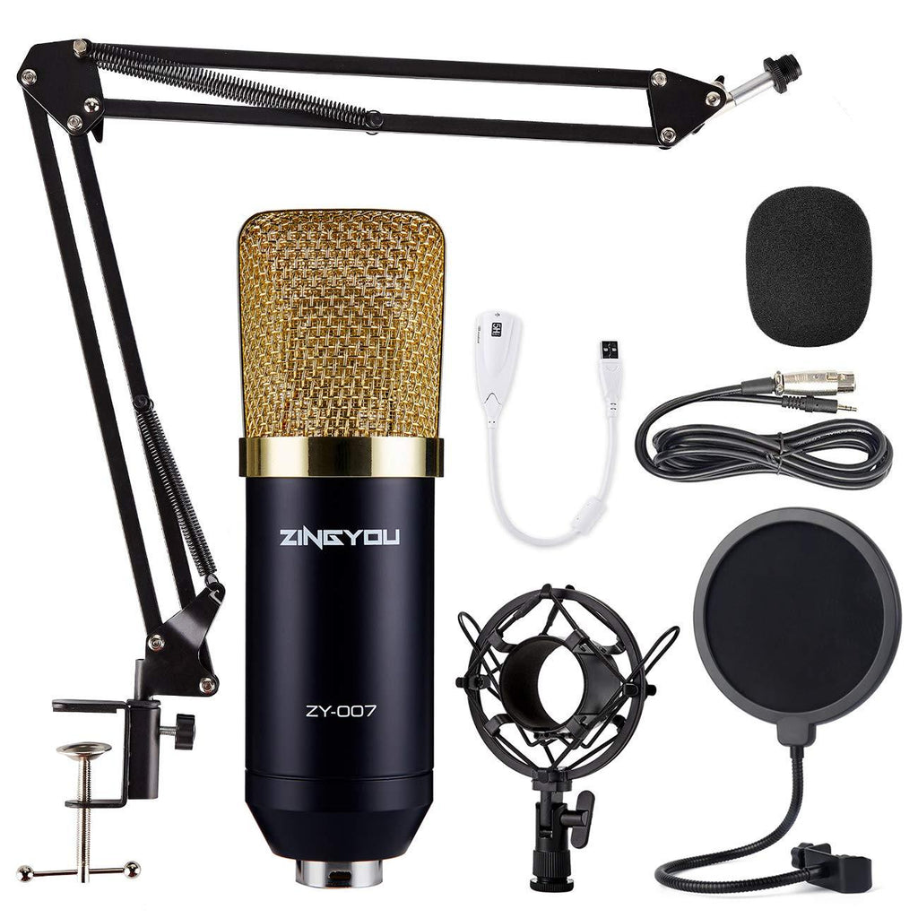 ZINGYOU Condenser Microphone Bundle, ZY-007 Professional Cardioid Studio Condenser Microphone and Adjustable Suspension Scissor Arm Stand with Shock Mount, Pop Filter for Recording&Broadcasting(gold) Gold