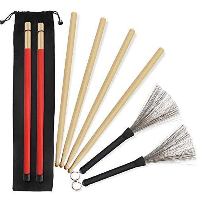 5A Drumsticks, 2 Pairs Classic High Quality Maple Drum Stick Sets With Retractable Wire Drum Brush and Professional New Style Bundle Drum Stick Dowel Drumsticks Plus Waterproof Bag Accessories