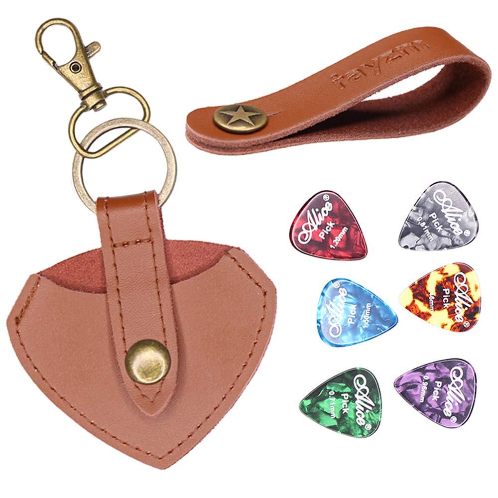 Rayzm Keychain Guitar Picks Holder with 6pcs Picks, Leather Guitar Plectrums Case Bag, Guitar Headstock Strap Button Tie for Acoustic/Electric/Bass Guitars with Strap Tie