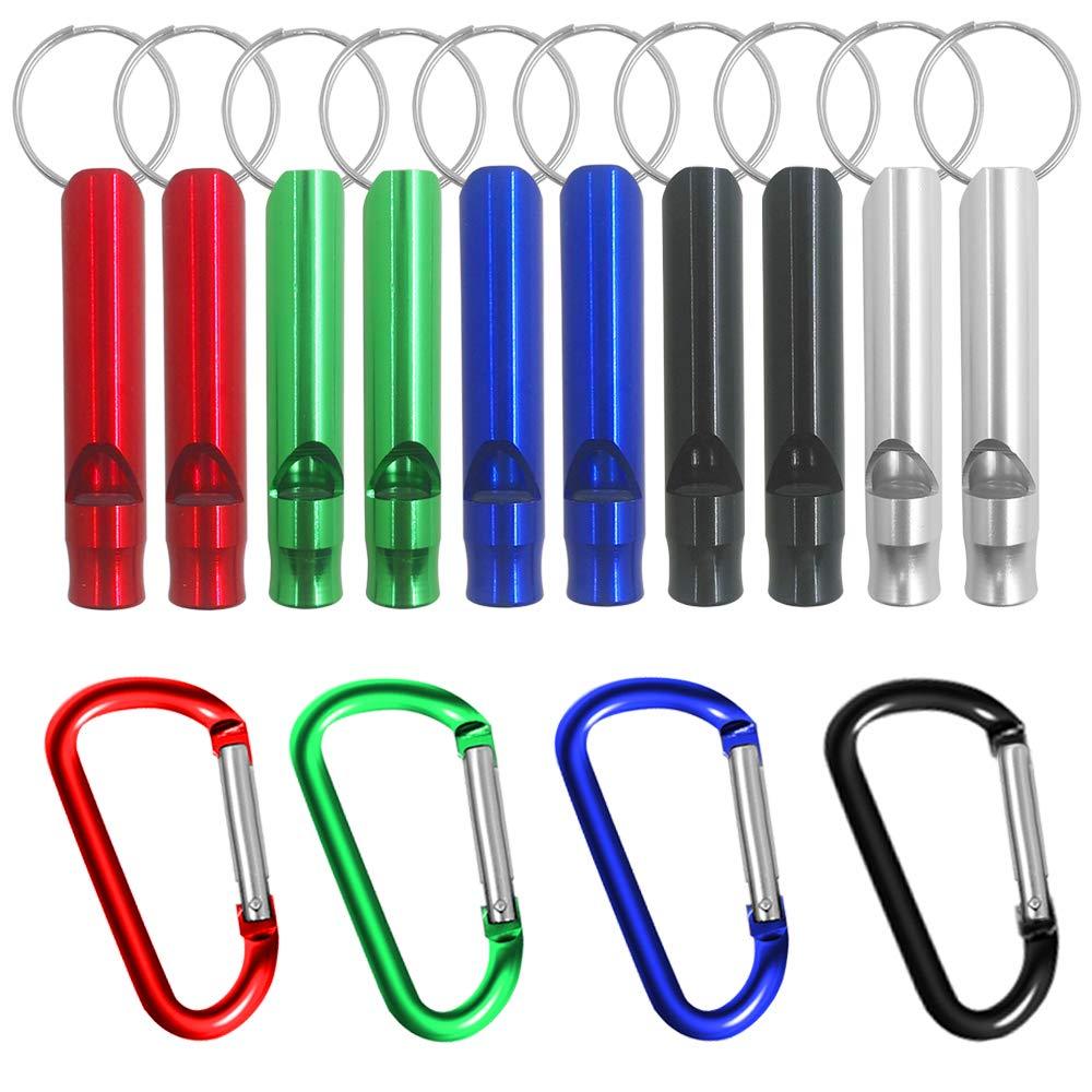 FineGood 10 pcs Aluminum Whistles with 4 Nonlocking Carabiners Hooks, Emergency Survival Whistles with Key Ring Chain for Sport Referee Hiking Camping Climbing
