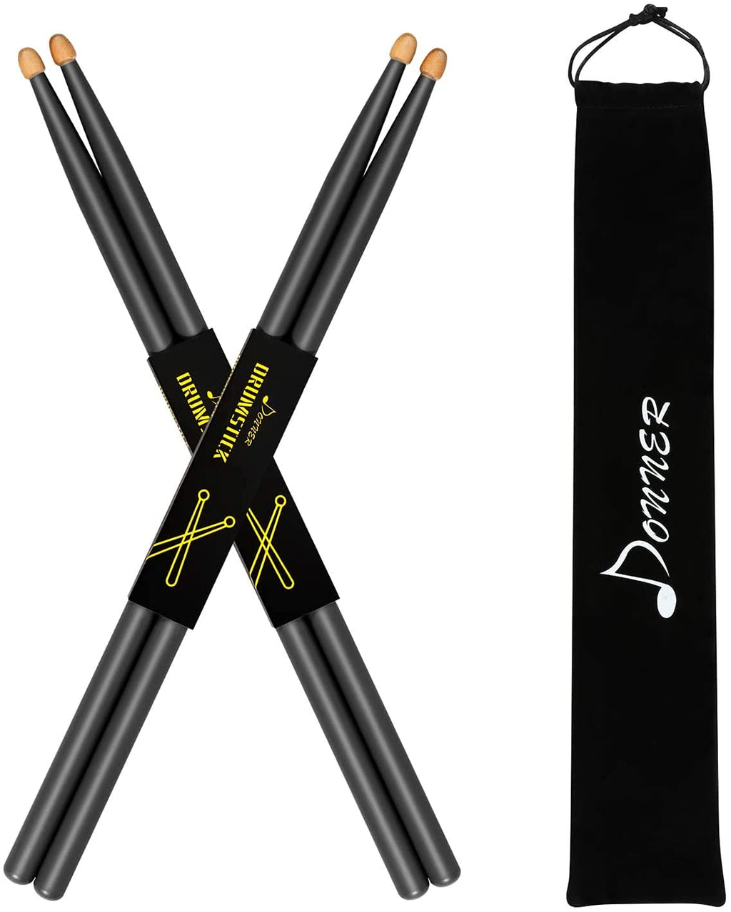 Donner 5A Drum Sticks Maple Wood Drumsticks 2 Pair with Carrying Bag-Black