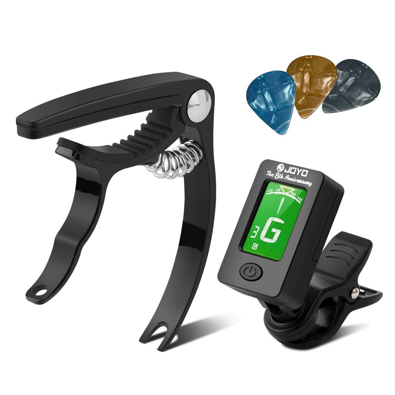 Guitar Tuner and Guitar Capo Set, Clip-On Tuner Digital Electronic Tuner Acoustic with LCD Display for Guitar, Bass, Violin, Ukulele