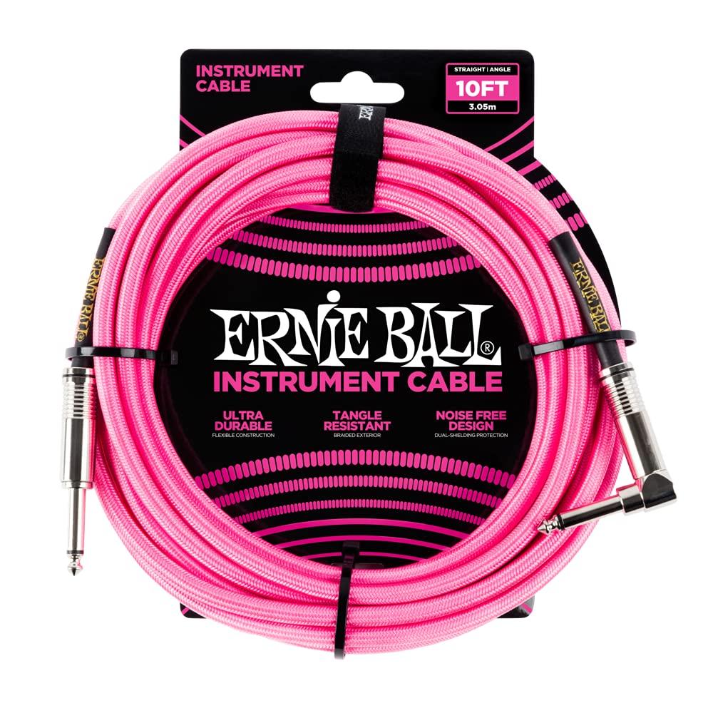 Ernie Ball P06078 10' Braided Straight Angle Inst Cable Neon Pink 10 Feet