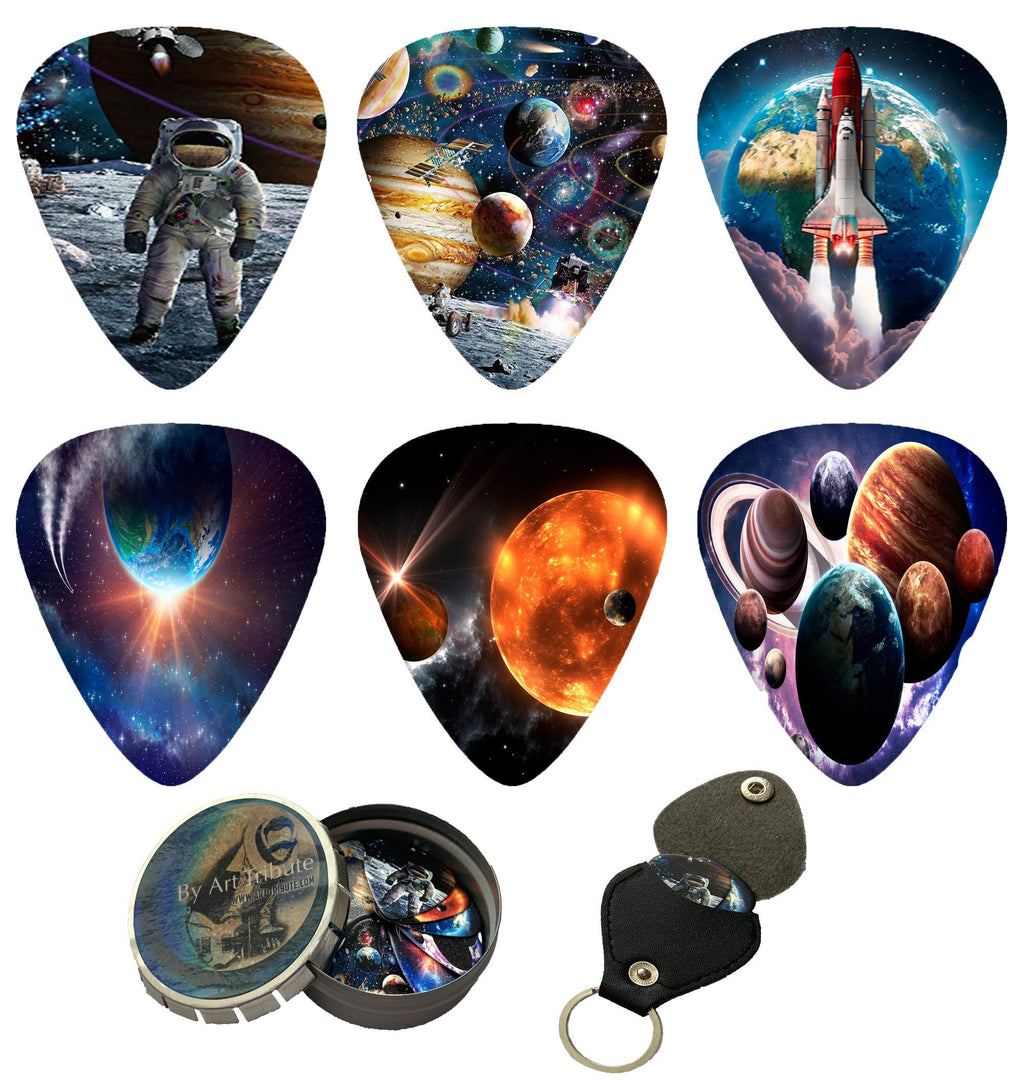 Space Guitar Picks 12 Pack W/Tin Box & Picks Holder. Celluloid Medium Cool Picks Perfect Gift For Guitar & Lover. For Acoustic Electric and Base Guitars feels like float in zero gravity while playing