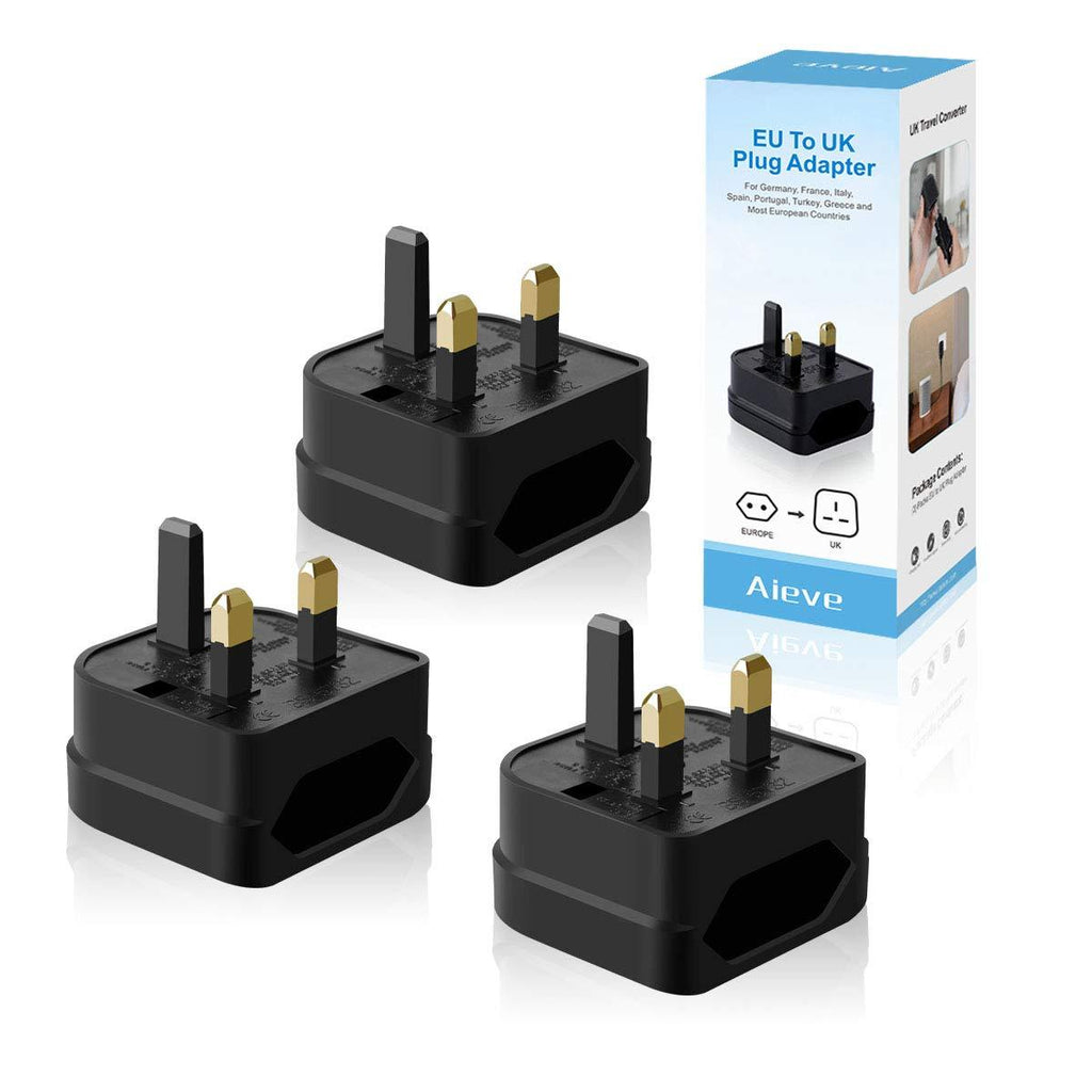 European to UK Plug Adaptor,AIEVE 2 Pin EU to UK 3 Pin Adapter Plug, EU to UK Plug Converter Euro Plug Adaptor UK Socket Adapter (3-Pack,Black) Black